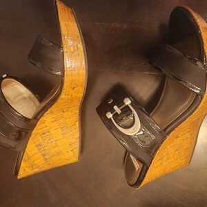 Joan & David Black Patent Leather Wedge Sandals with Wood-Effect Heel